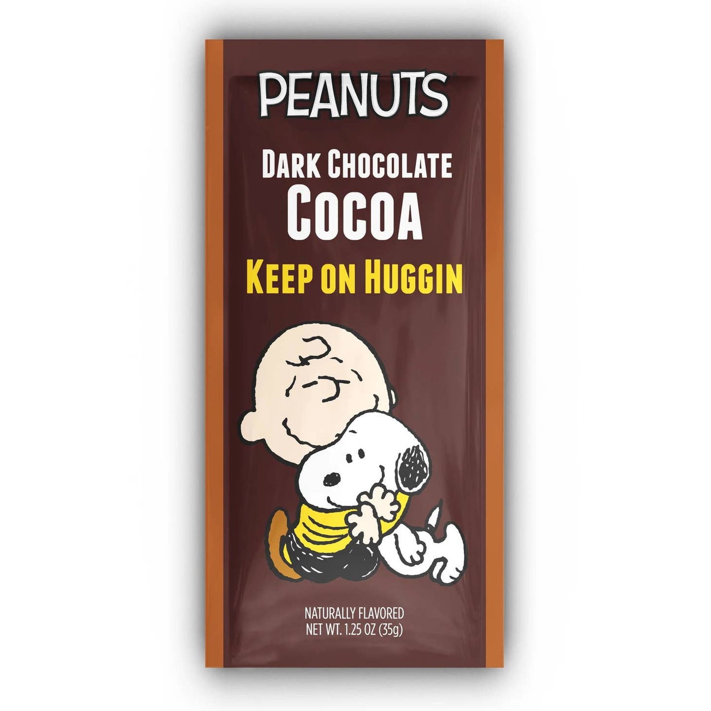 charlie brown huggin cocoa packet with charlie brown hugging snoopy on the front on a white background