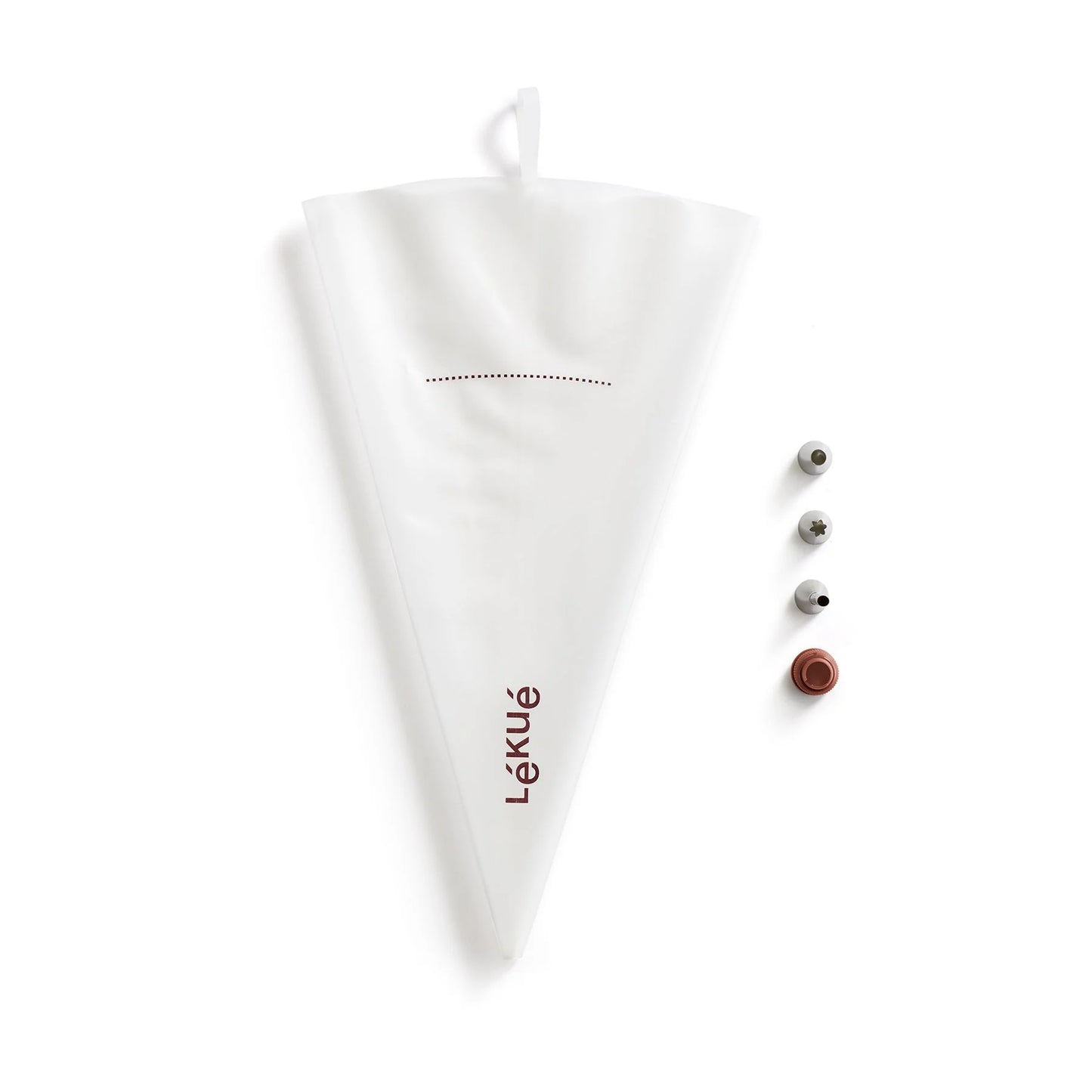 White piping bag with Lékuè branding and small piping tips on a white background