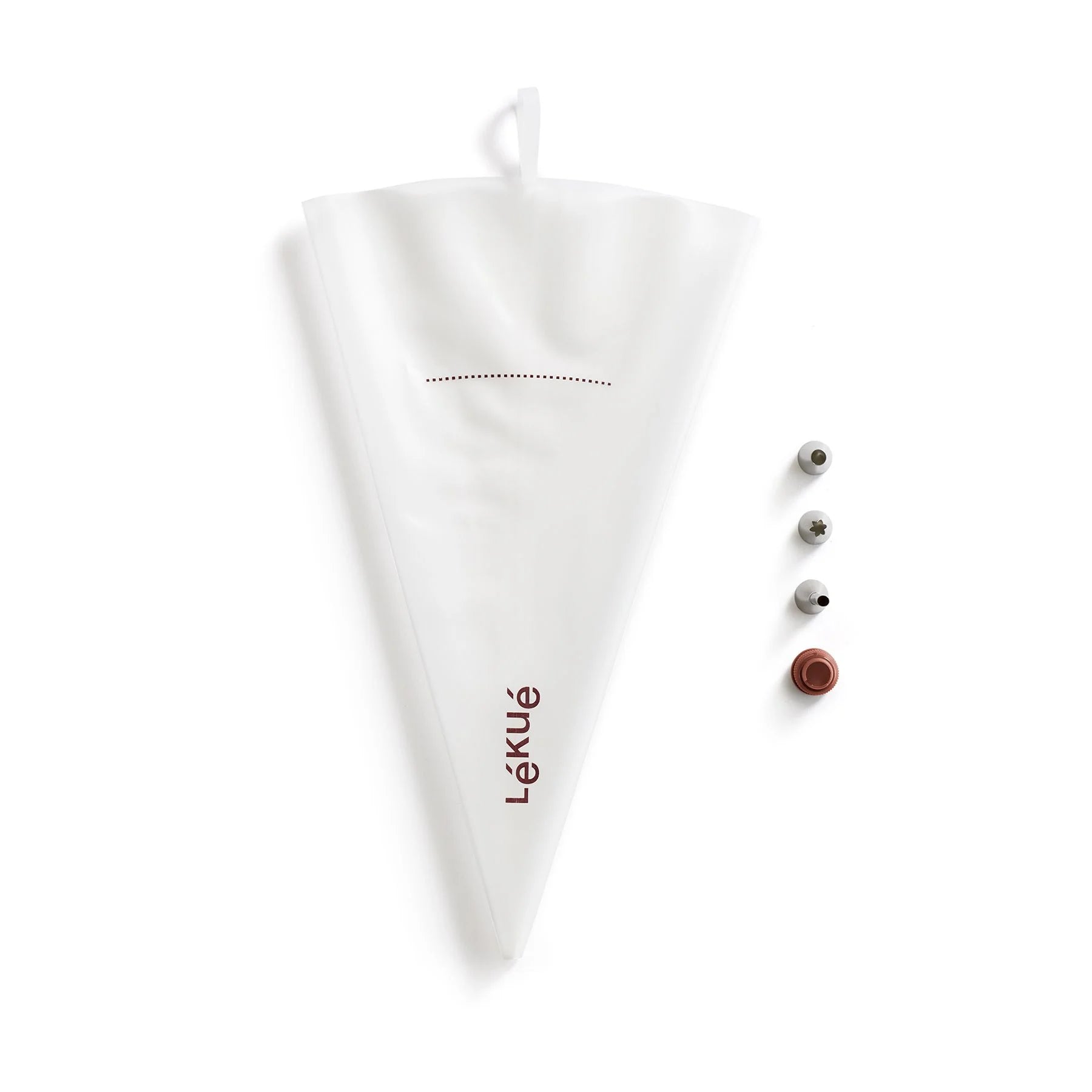 White piping bag with Lékuè branding and small piping tips on a white background