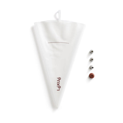 White piping bag with Lékuè branding and small piping tips on a white background