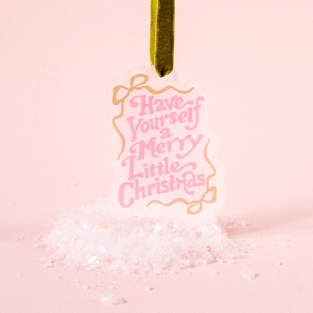 white flat acrylic ornament with pink text that says "have yourself a merry little Christmas" shown on a pink background