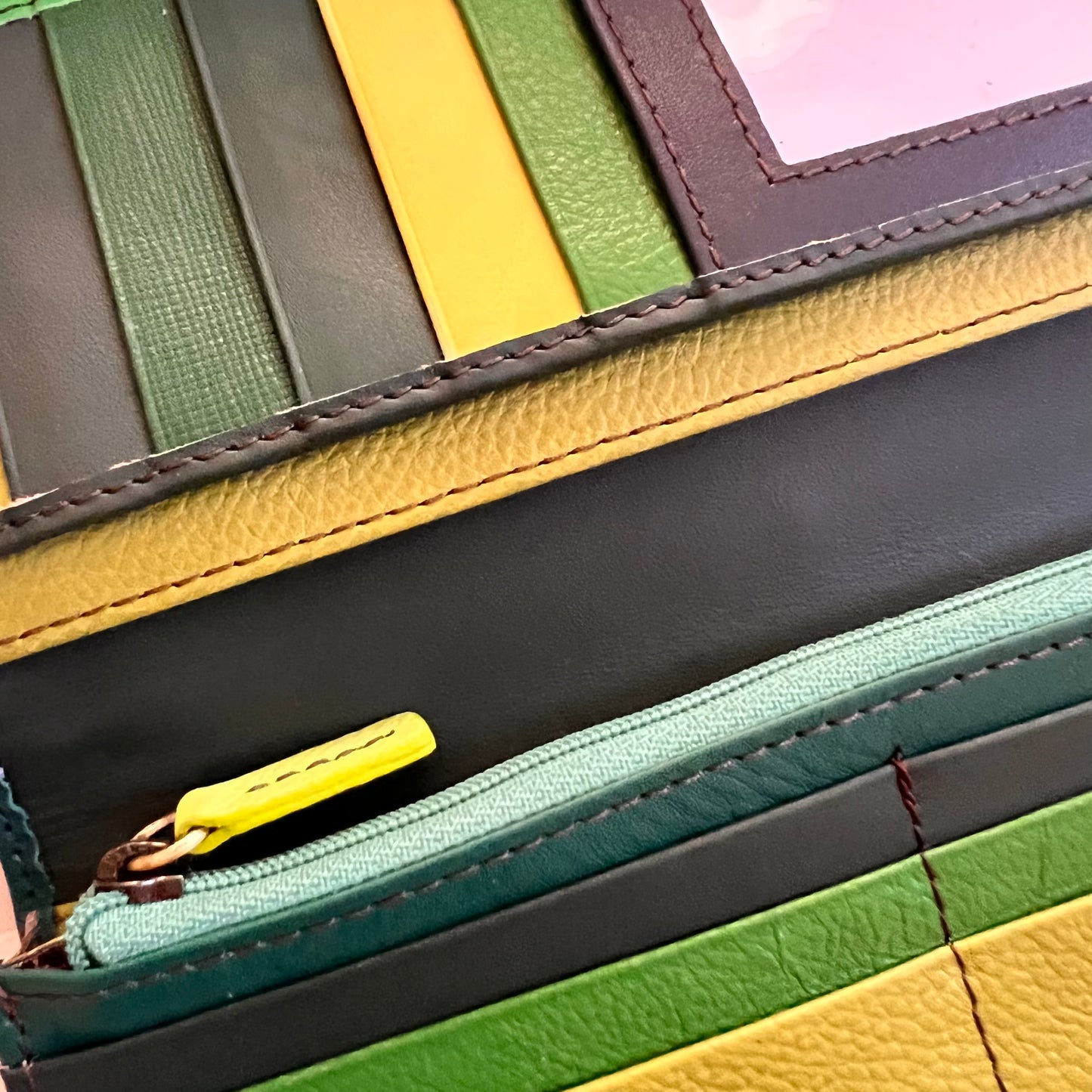 close-up of colorful card slots.