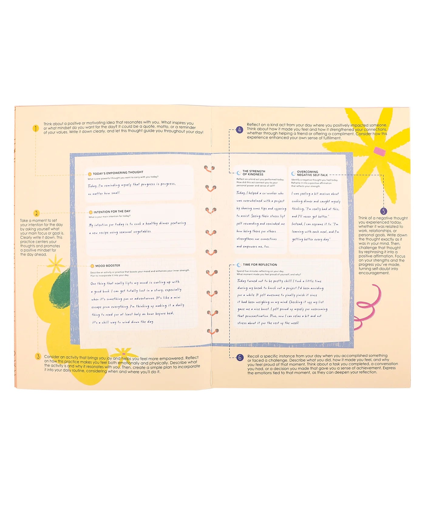 Open book with colorful illustrations and text on a white background