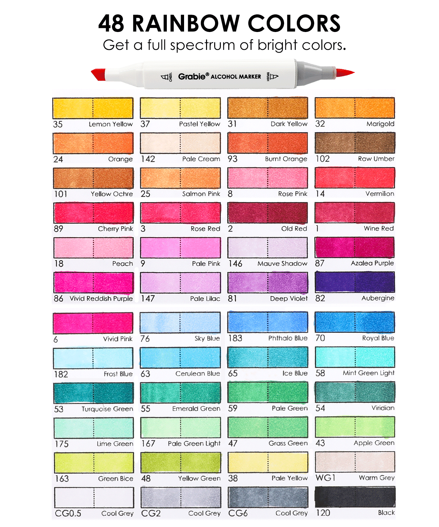 48 colors swatches and their names