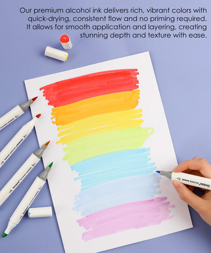 Colorful rainbow drawing on paper with alcohol ink markers on a purple background