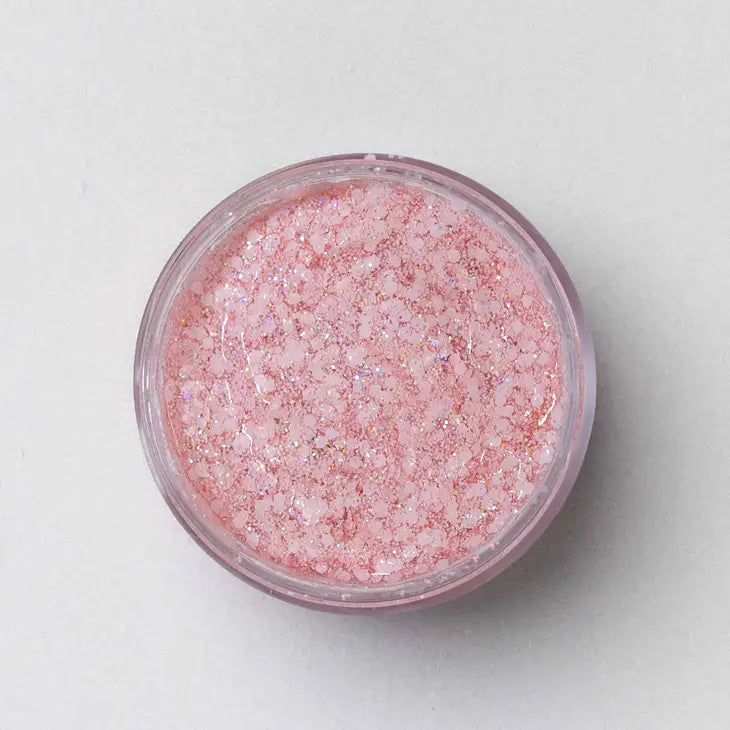 top view of open jar of galexie glister Bubblegum cosmetic glitter gel.