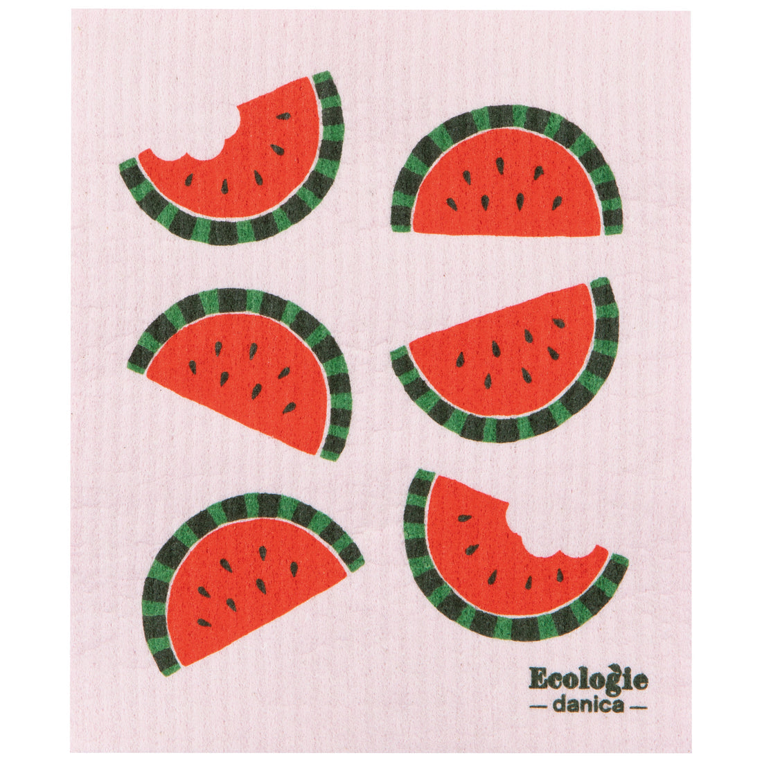 pink dishcloth with 6 red watermelon slices printed on it