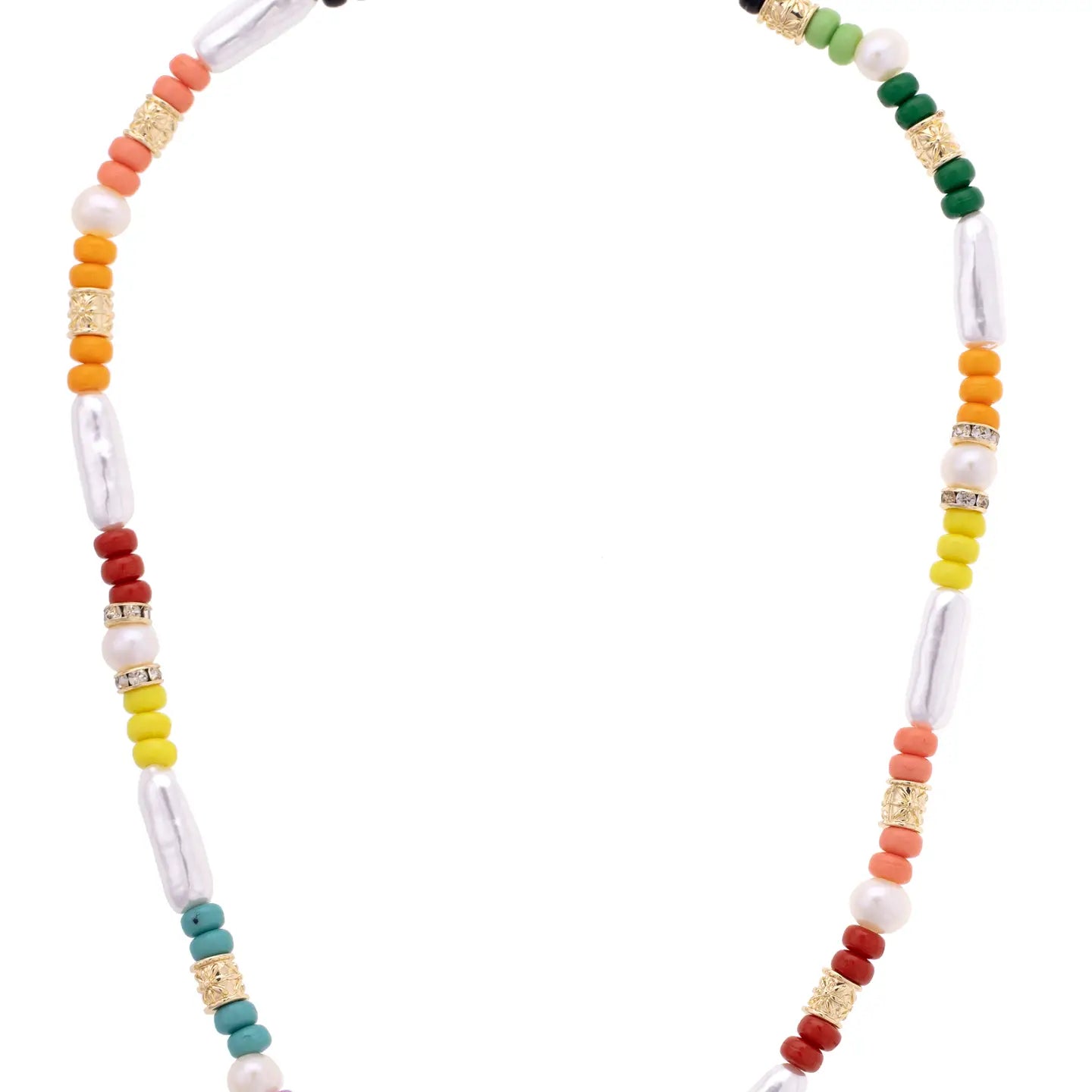 close-up of Colorful beaded necklace on a white background