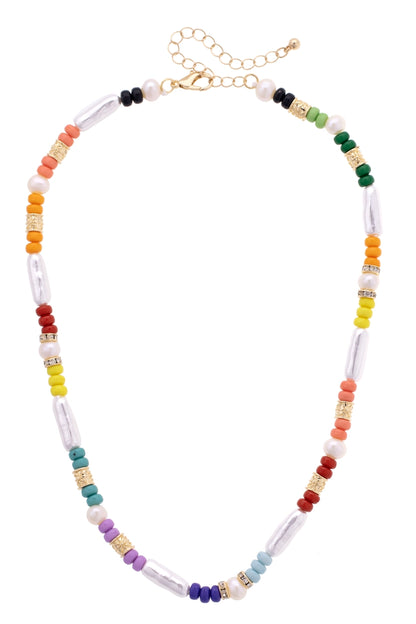 Colorful beaded necklace on a white background