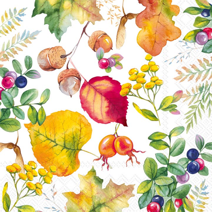 Harvest Season Cocktail Napkin with watercolor design of leaves, nuts, and berries printed on it