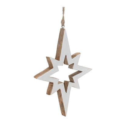 white and wood star cutout ornament displayed against a white background