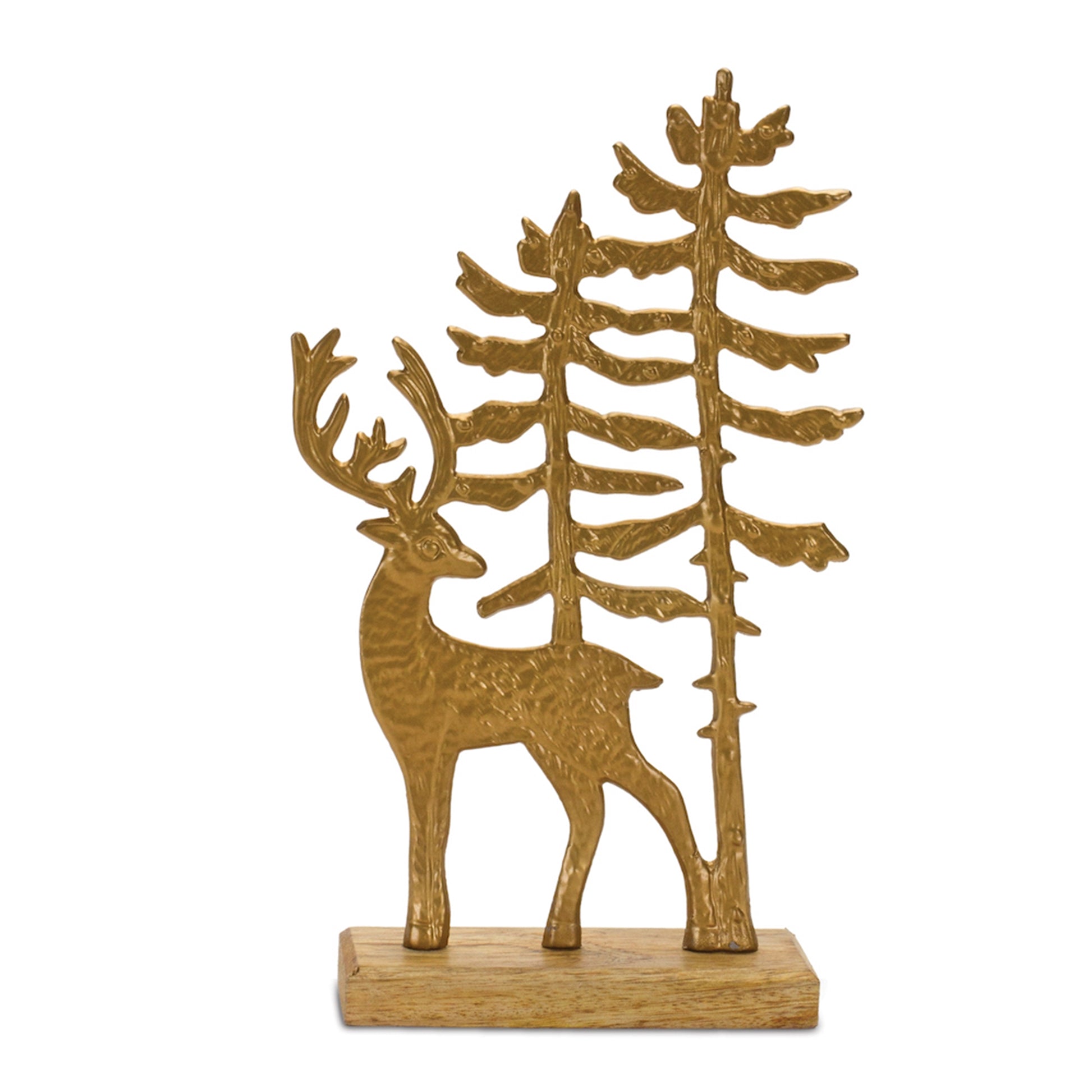 golden silhouette of a deer and 2 forest trees mounted on a wooden base.