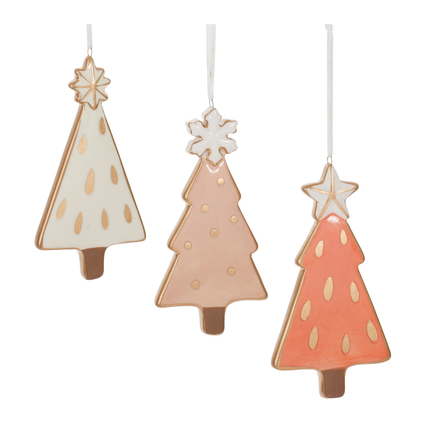 2 colors of ceramic tree shaped ornaments in a row on a white background.