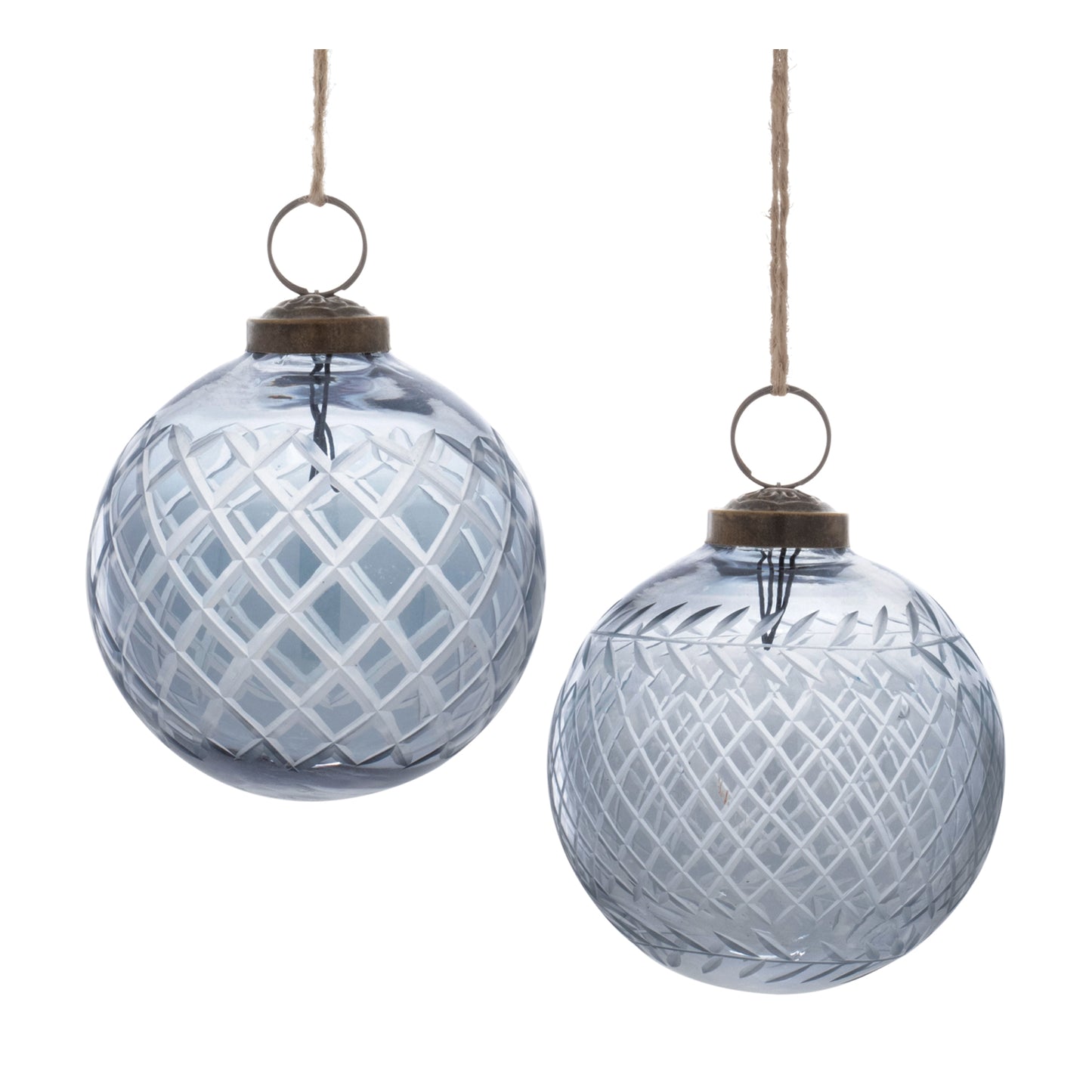 both styles of clear blue glass ornaments displayed against a white background