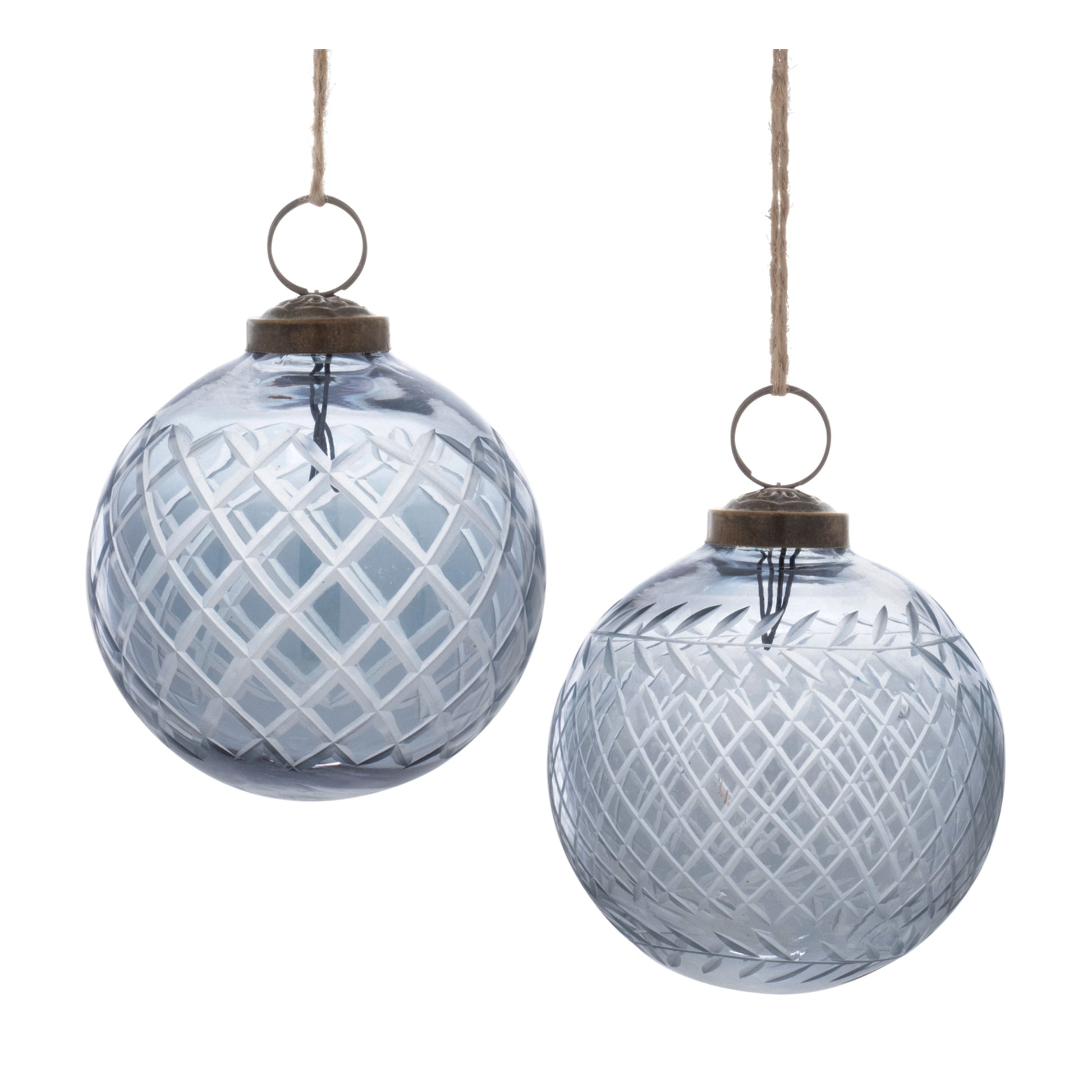 both styles of clear blue glass ornaments displayed against a white background