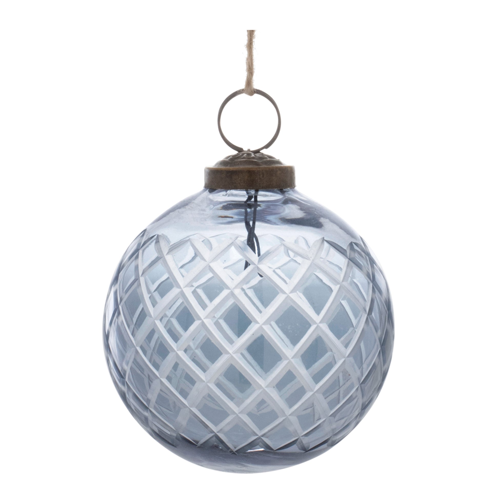 large diamond clear blue glass ornaments displayed against a white background