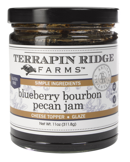 large jar of Blueberry Bourbon Pecan Jam.