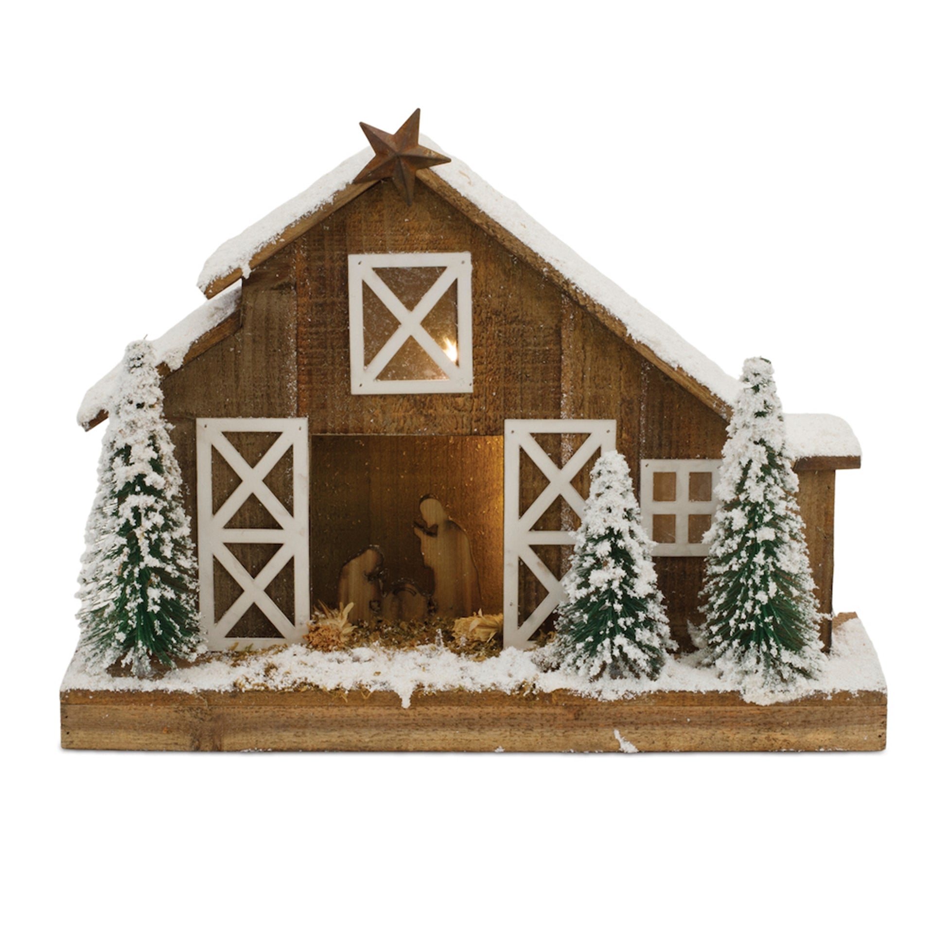 wooden stable lighted with the holy family inside and trees on the outside and a star at the peak displayed against a white background