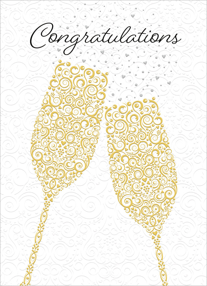 front of card is gold champagne flutes on white background