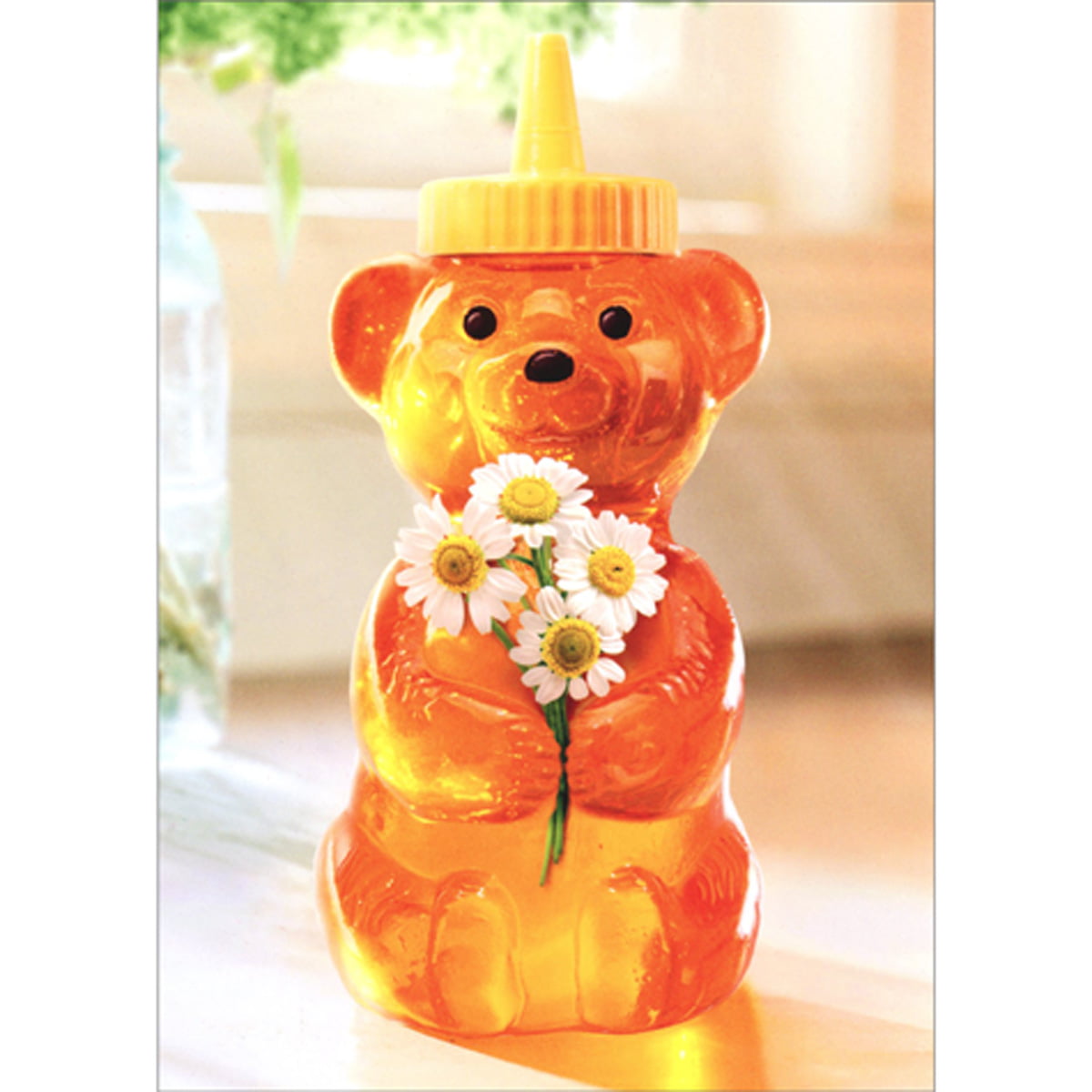 front of card is a bear honey squeeze jar holding daisies