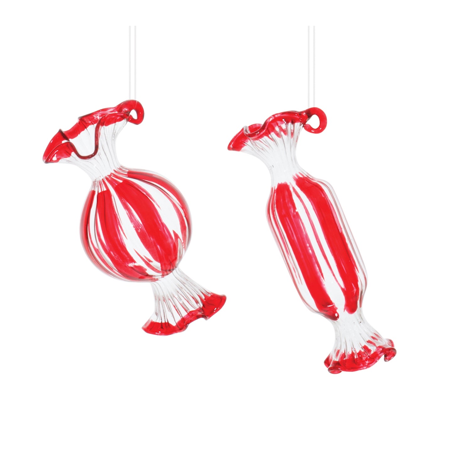 2 shapes of glass pepermint candy ornaments hanging in front of a white background.