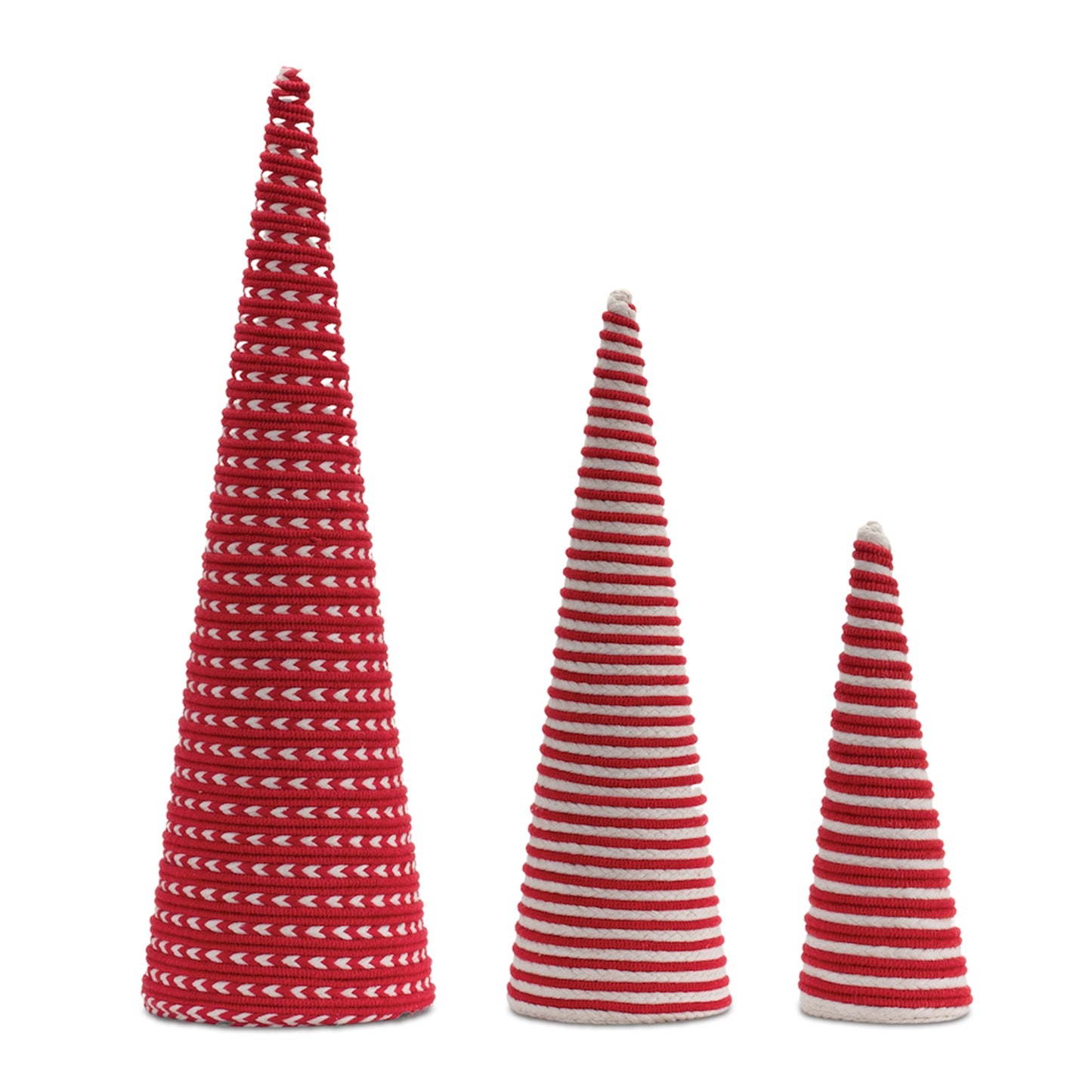 all three sizes of red and white cone trees displayed against a white background