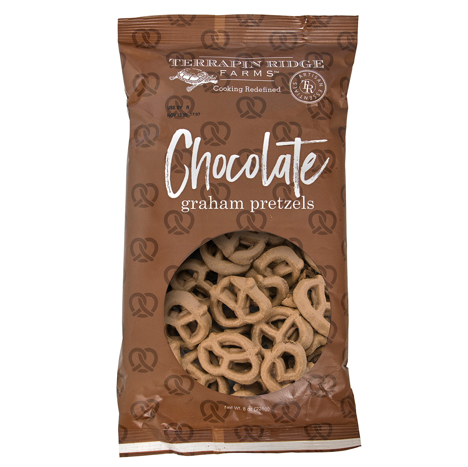 bag of chocolate pretzels on a white background.