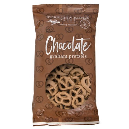 bag of chocolate pretzels on a white background.