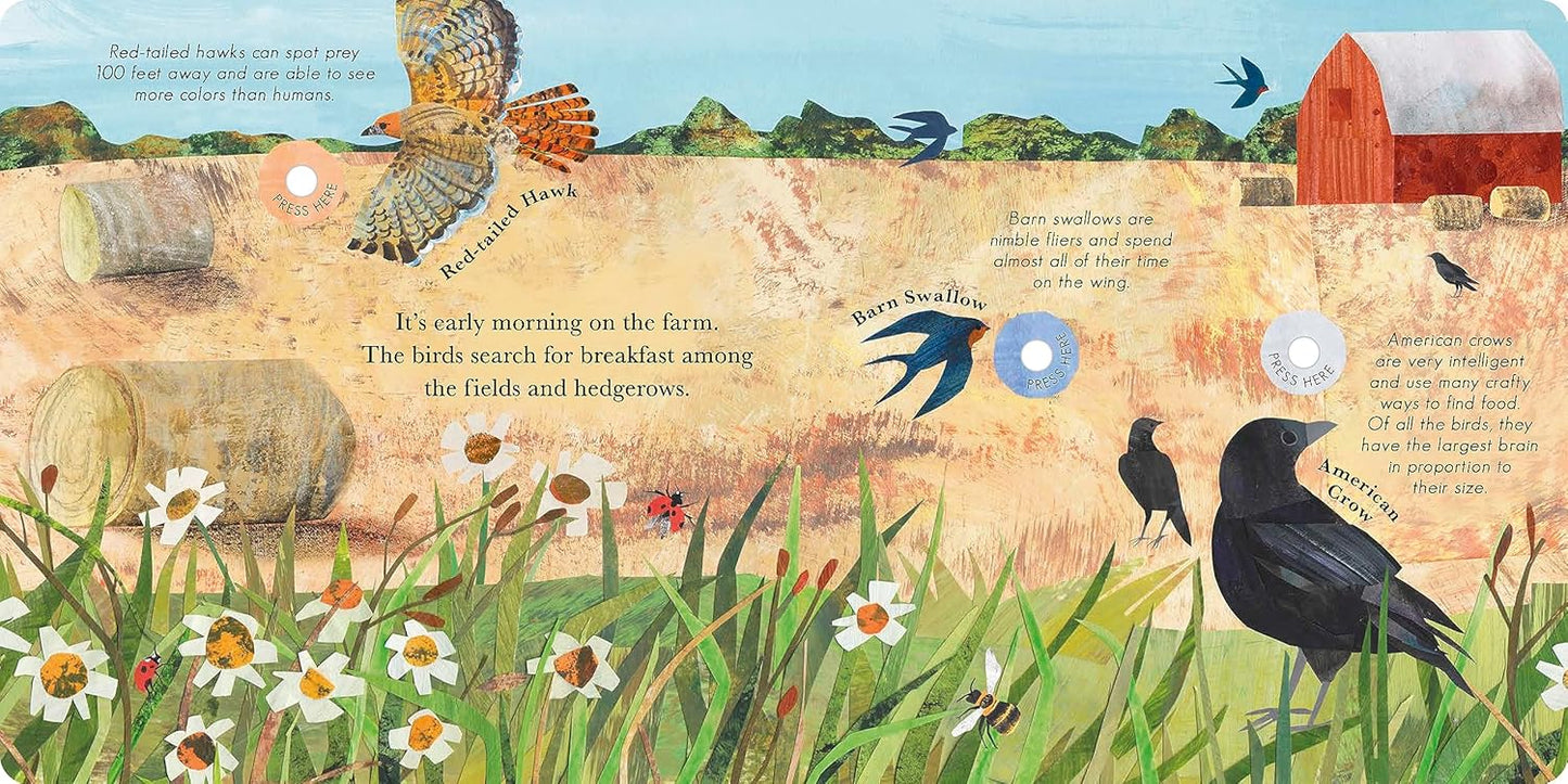 Illustration of birds and a barn on a farm with text