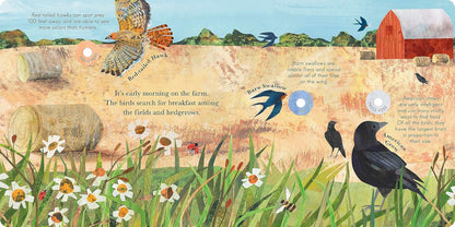 Illustration of birds and a barn on a farm with text