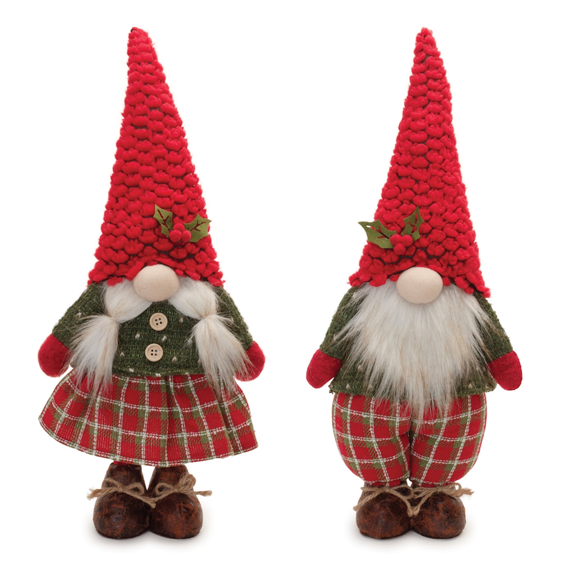 2 gnomes with red hats, green sweaters, and brown boots, one is wearing a red plaid skirt and has ponytails, the other is wearing red plaid pants and has a bread.