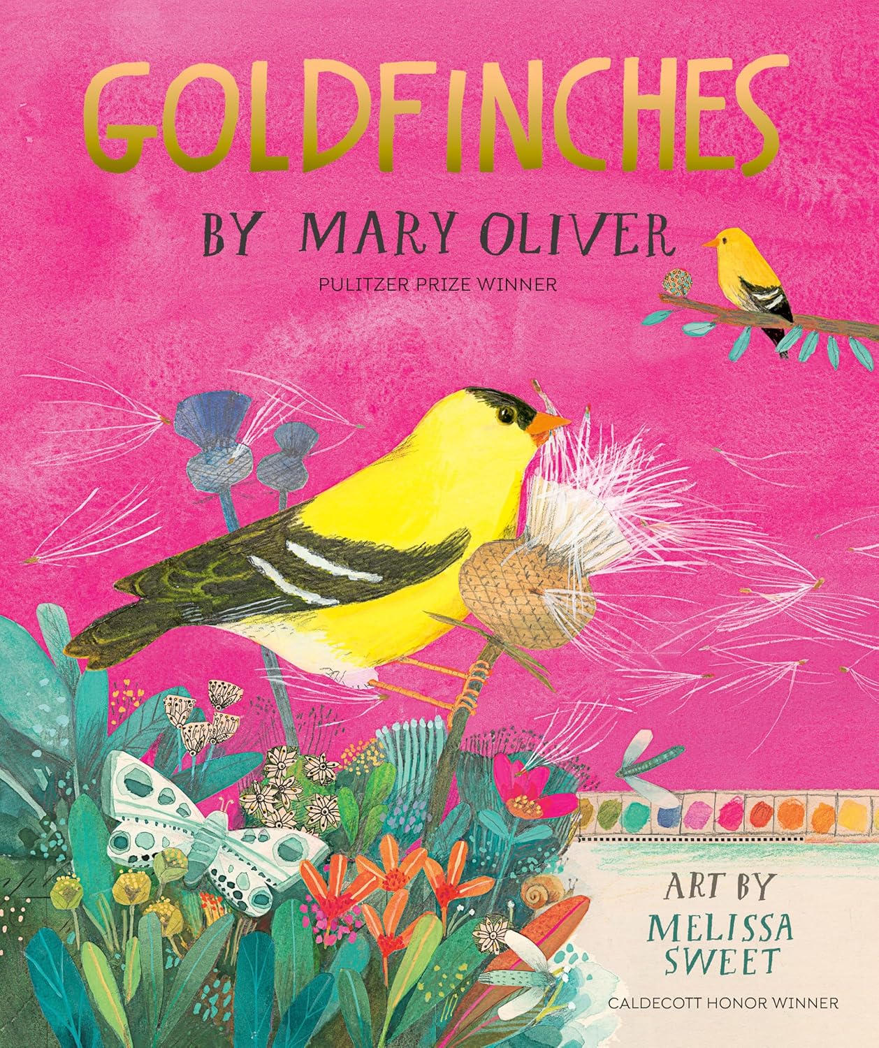 Book cover of 'Goldfinches' by Mary Oliver with a pink background and bird illustration.