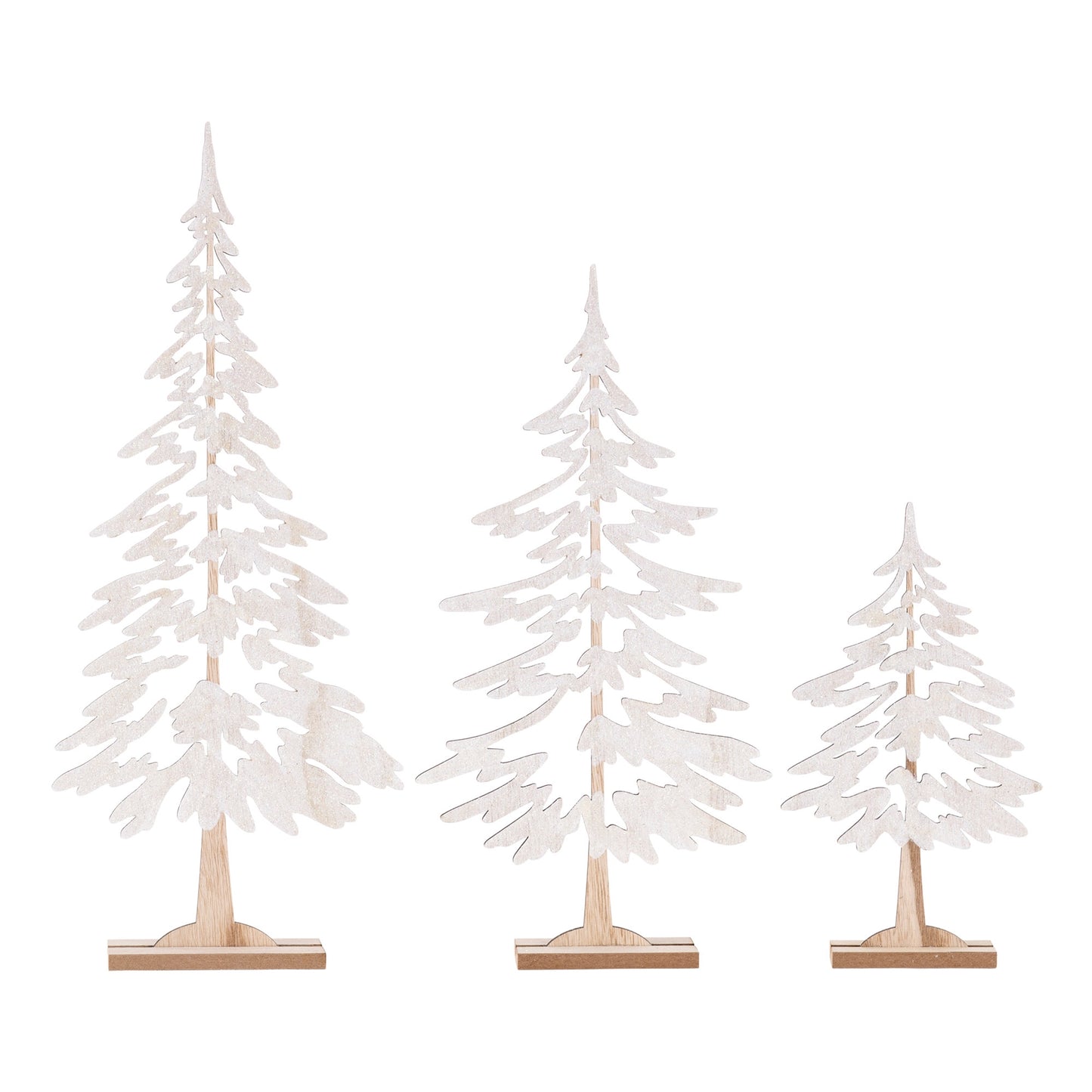 3 sizes of wooden glittered trees in a row on a white background.