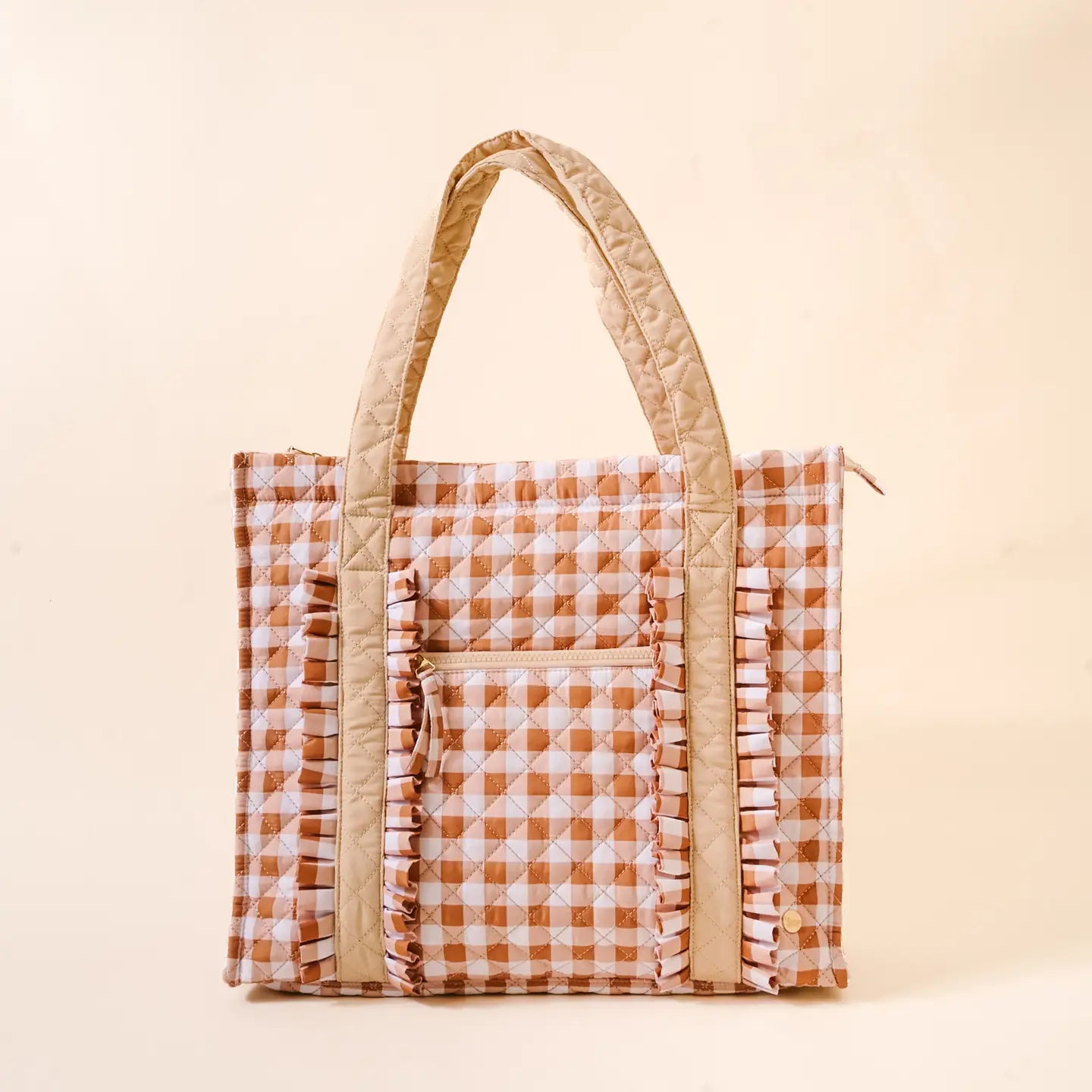 Maple Gingham Everyday Quilted Tote Bag shown on a beige background