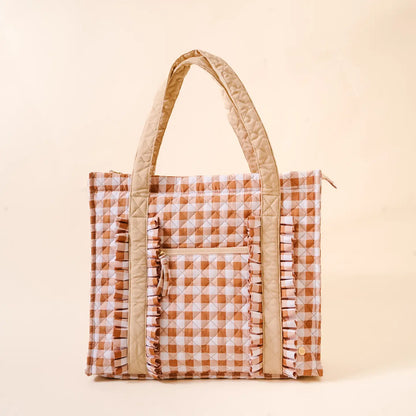 Maple Gingham Everyday Quilted Tote Bag shown on a beige background