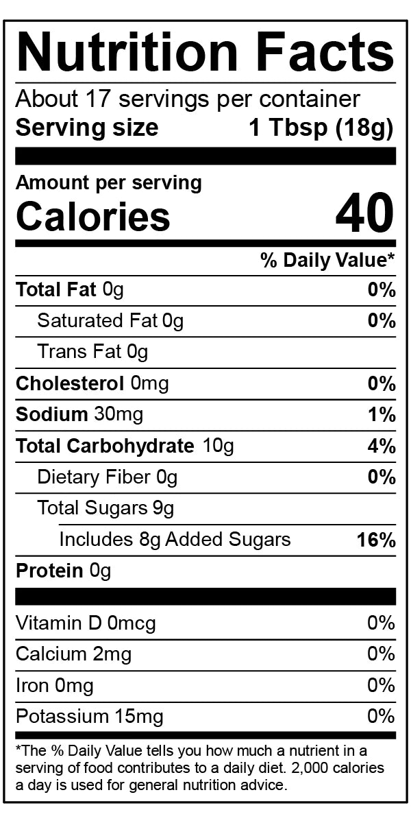 Nutrition facts label for a product with 40 calories per serving