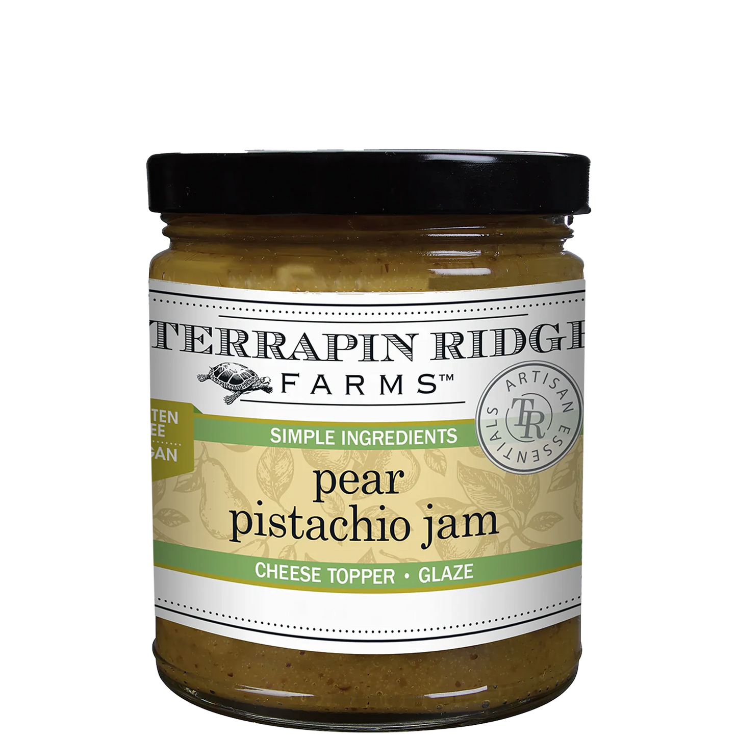 Jar of Terrapin Ridge Farms pear pistachio jam on a white background