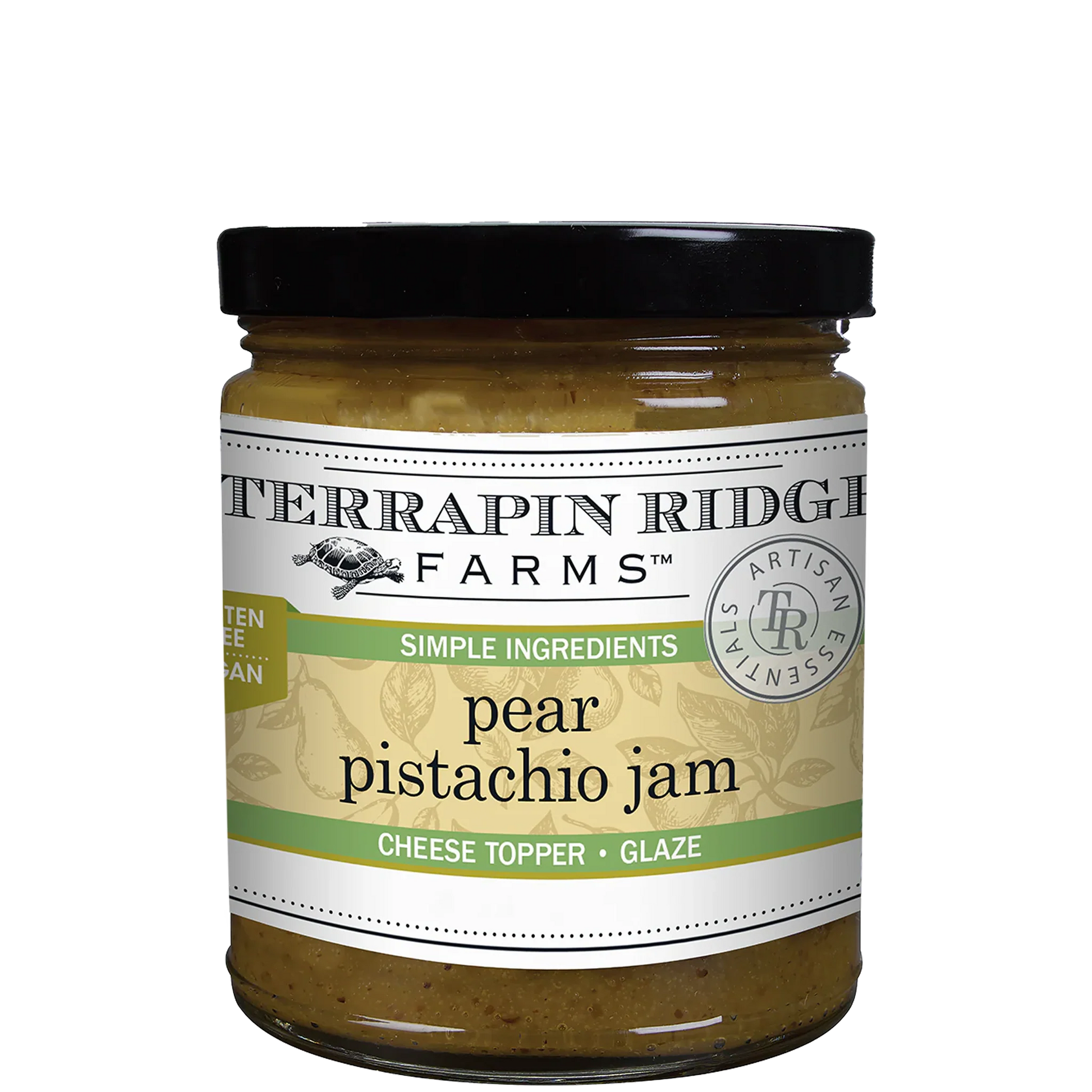 Jar of Terrapin Ridge Farms pear pistachio jam on a white background