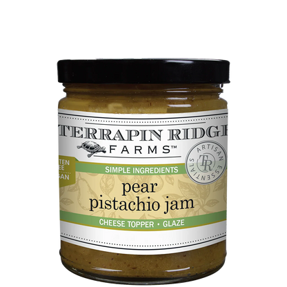 Jar of Terrapin Ridge Farms pear pistachio jam on a white background