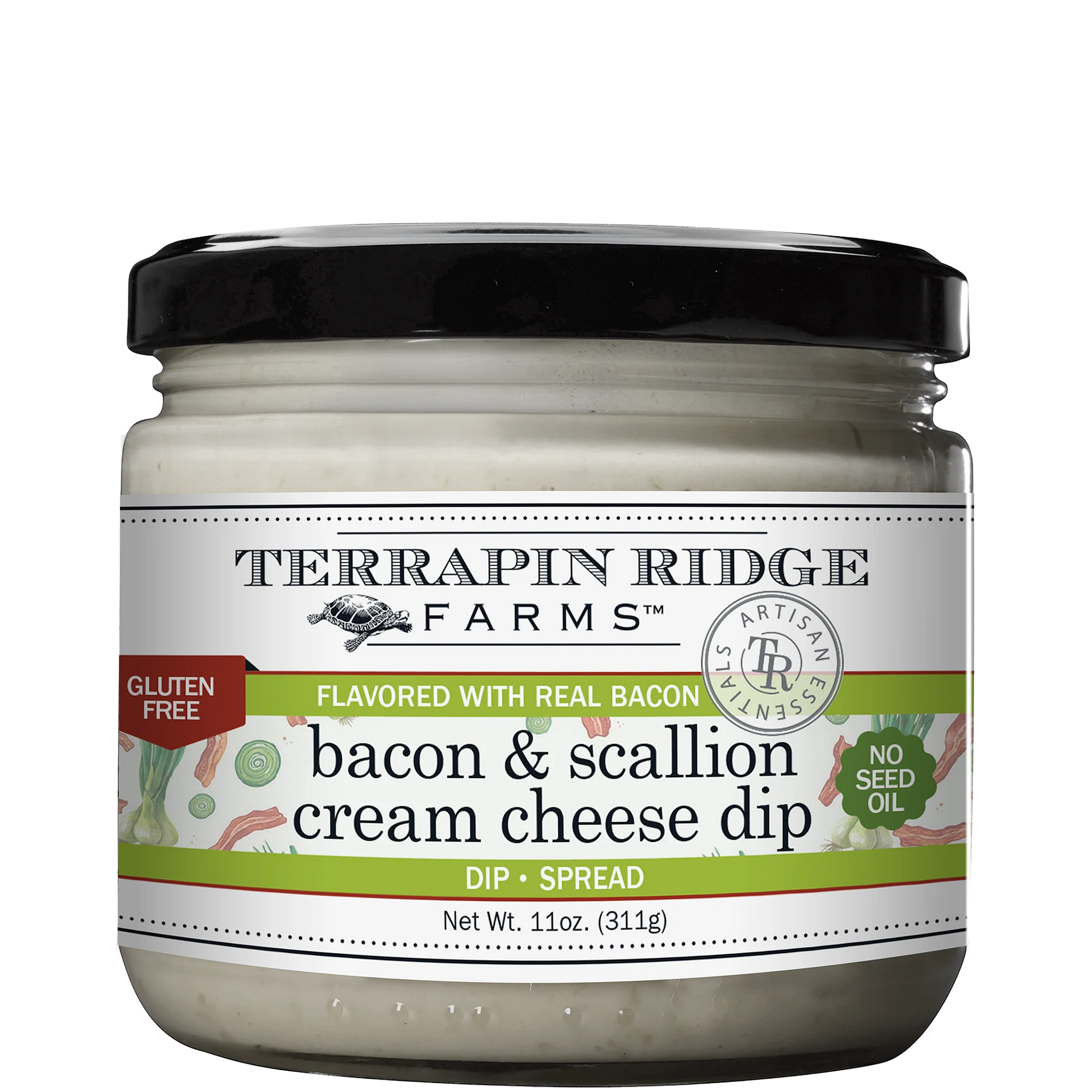 Jar of Terrapin Ridge Farms bacon and scallion cream cheese dip on a white background