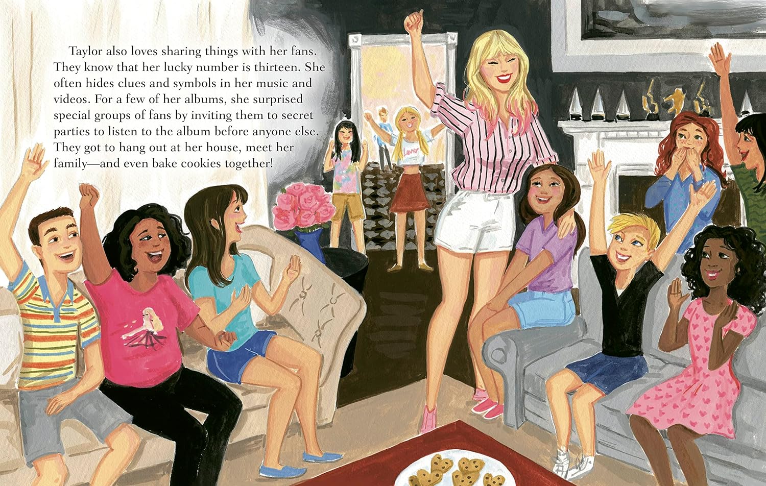pages from Taylor Swift: A Little Golden Book Biography hsowing taylor in a room full of people.