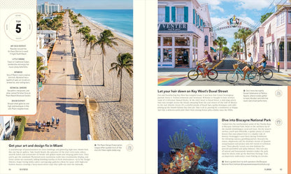 book pages about florida with images of a beach, street scene, and underwater view.
