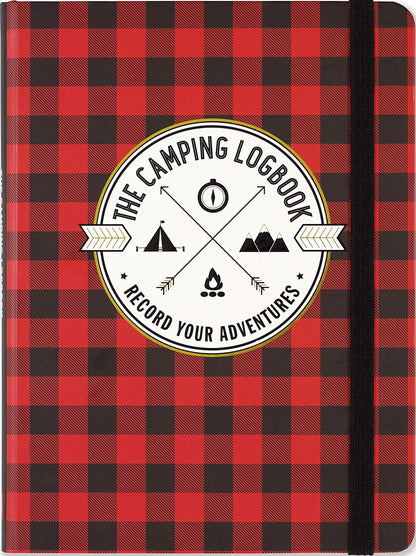 front of camping log book is red and black plaid with a center white patch filled with title and a black elastic trap