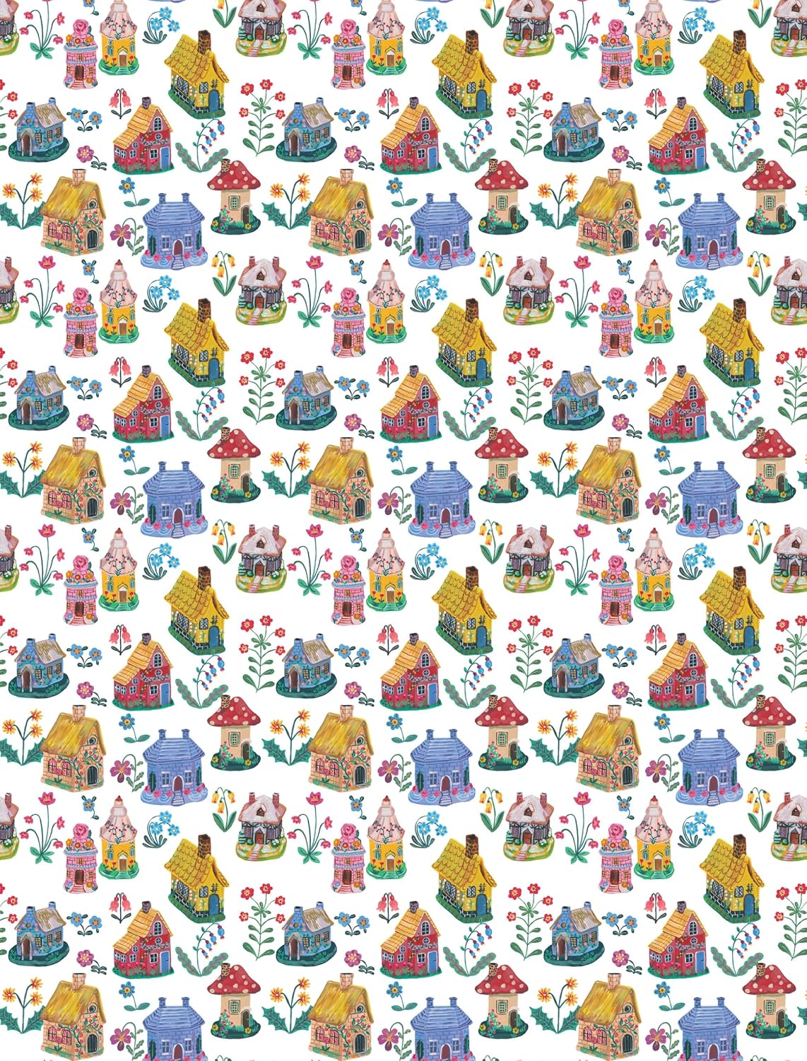 wrappinmg paper with Pattern of colorful houses and flowers on a white background