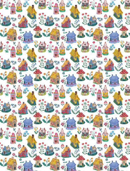 wrappinmg paper with Pattern of colorful houses and flowers on a white background