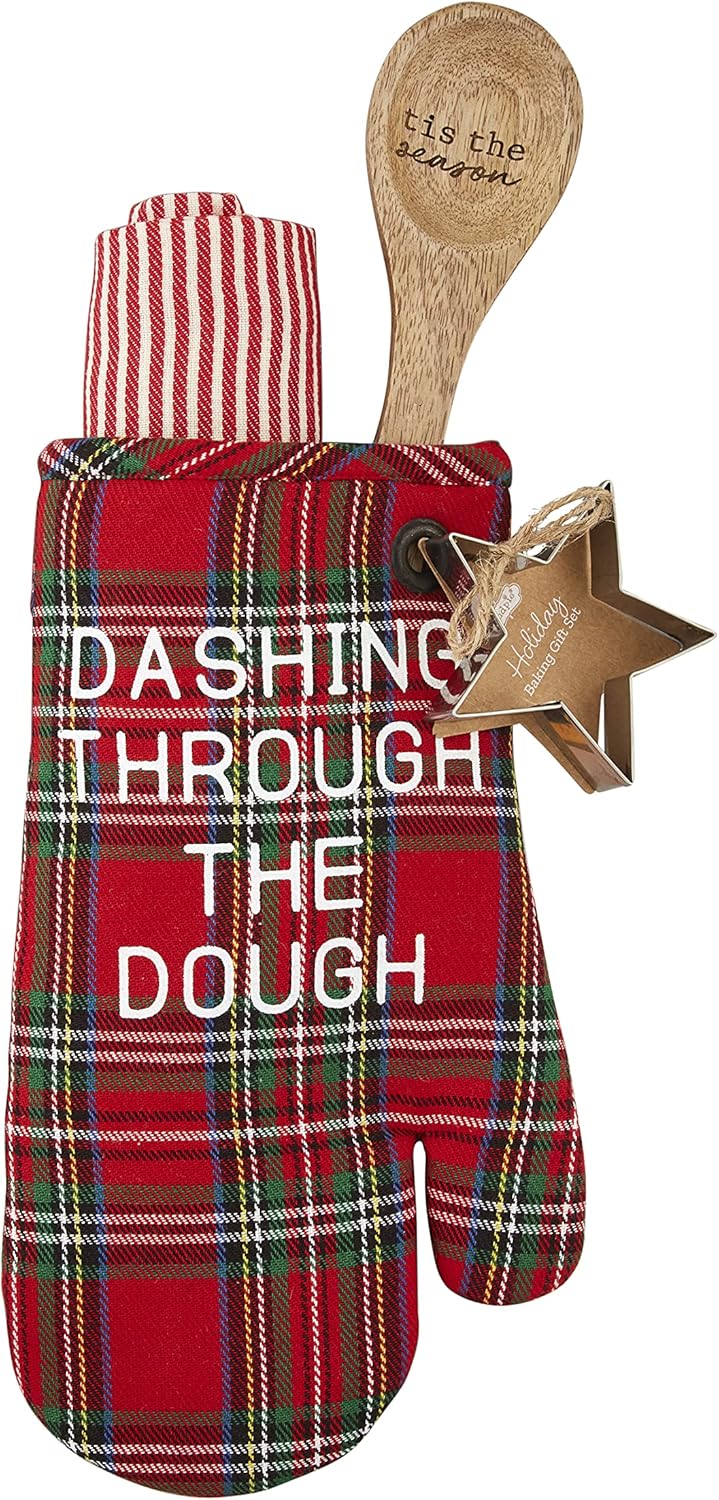 tartan oven mitt with towel and spoon in it and star cookie cutter tied to it.