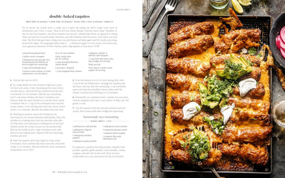 open book with image of Double-baked taquitos on a baking tray with ingredients and a recipe on the side.