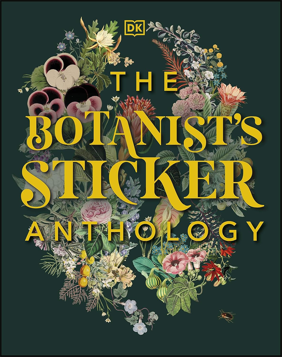 dark green book cover featuring floral images and yellow title text