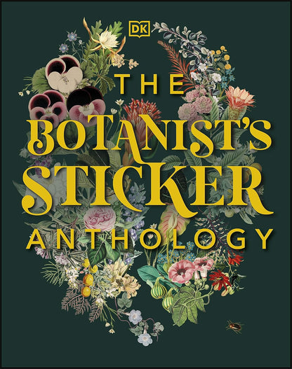 dark green book cover featuring floral images and yellow title text