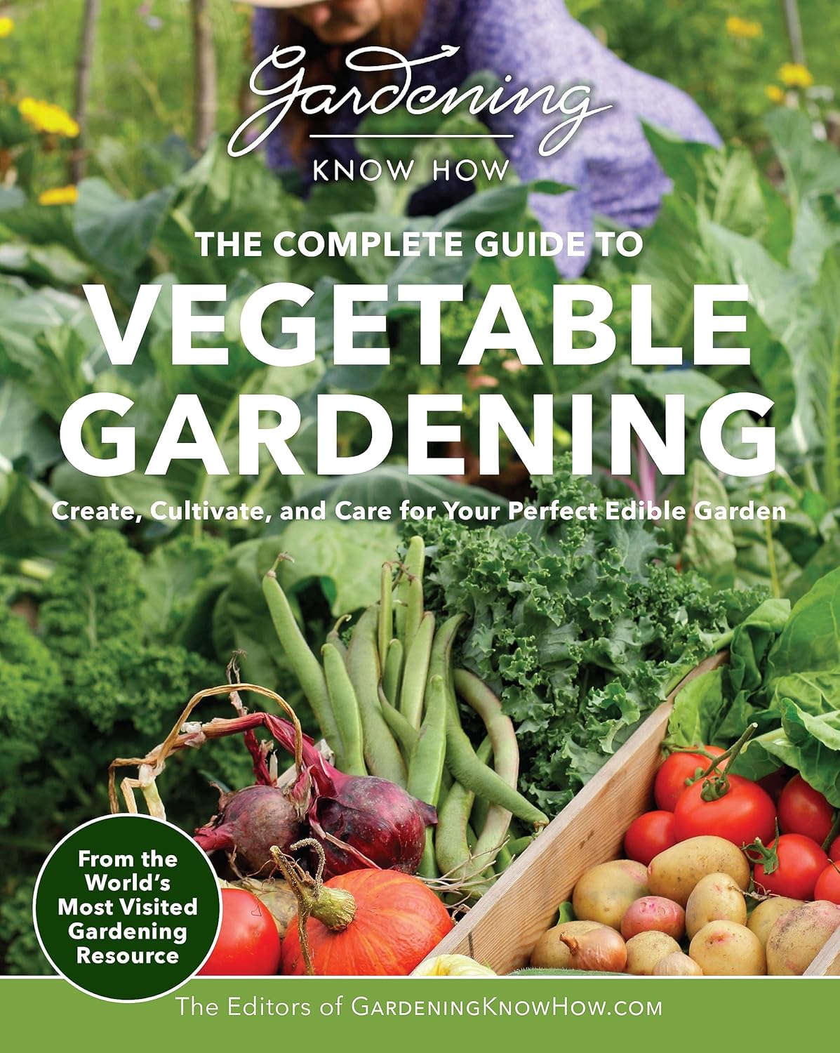 cover of vegetable gardening book with pitcher of a veggie harvest on it.